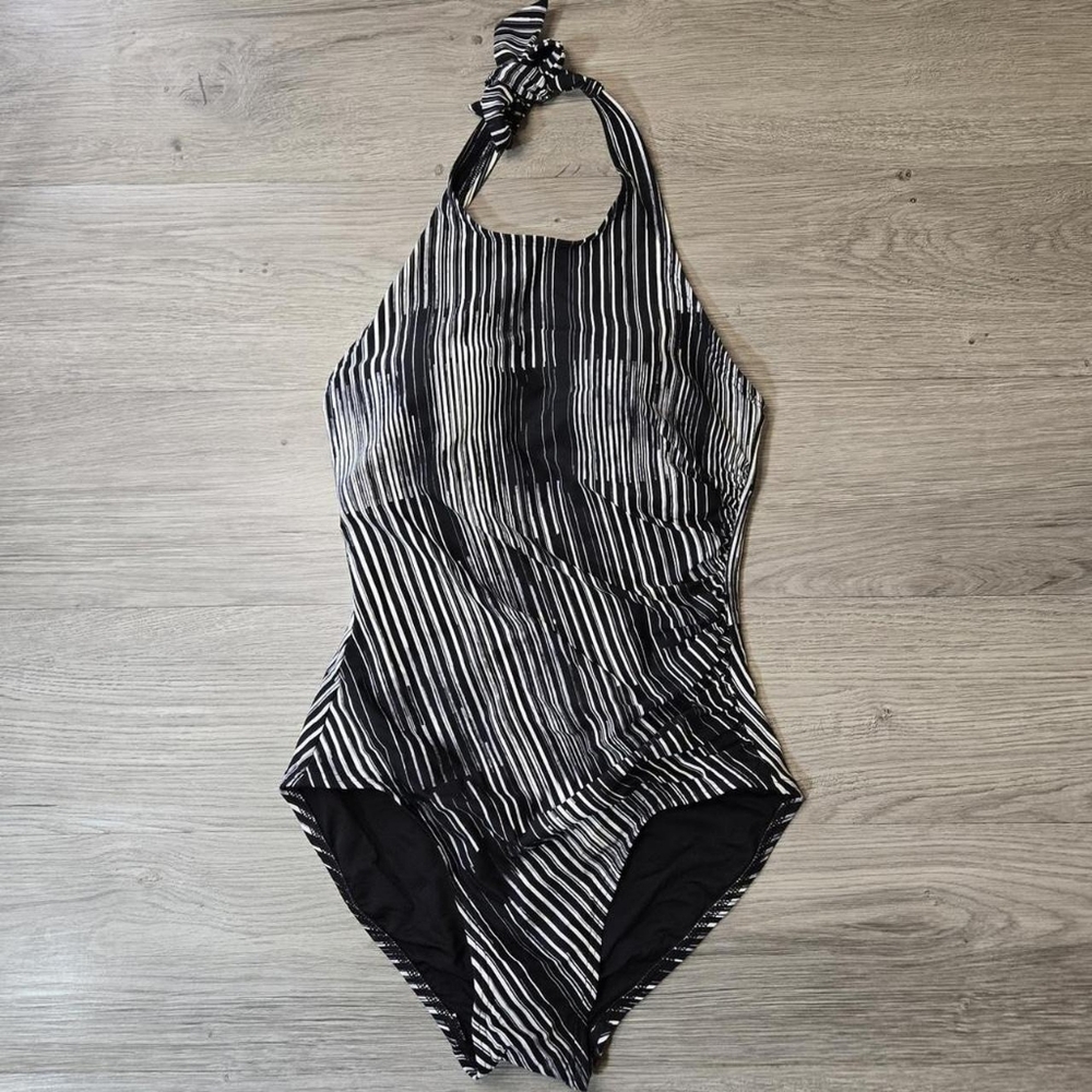 Calvin Klein Women's Black and White Side-Shirred High-Neck One Piece Swimsuit